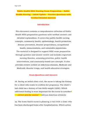 Preview of Public Health HESI Nursing Exam Preparation – Public Health Nursing – Latest Update – Prac