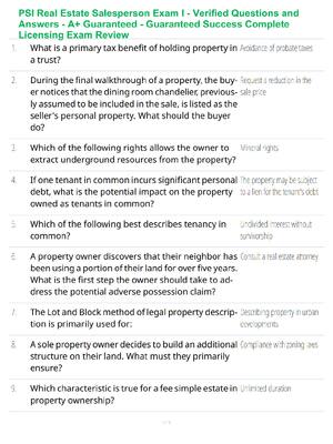 Preview of PSI Real Estate Salesperson Exam I - Verified Questions and Answers - A+ Guaranteed - Guaranteed Success Complete Licensing Exam Review