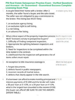 Preview of PSI Real Estate Salesperson Practice Exam - Verified Questions and Answers - A+ Guaranteed - Guaranteed Success Complete Licensing Exam Prep