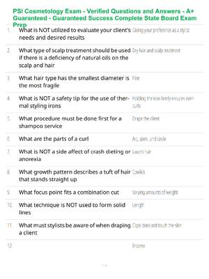 Preview of PSI Cosmetology Exam - Verified Questions and Answers - A+ Guaranteed - Guaranteed Success