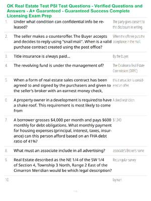 Preview of OK Real Estate Test PSI Test Questions - Verified Questions and Answers - A+ Guaranteed -