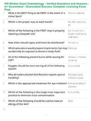 Preview of PSI Written Exam Cosmetology - Verified Questions and Answers - A+ Guaranteed - Guaranteed
