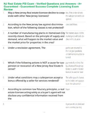Preview of NJ Real Estate PSI Exam - Verified Questions and Answers - A+ Guaranteed - Guaranteed Succ