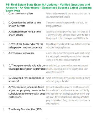 Preview of PSI Real Estate State Exam NJ Updated - Verified Questions and Answers - A+ Guaranteed - G
