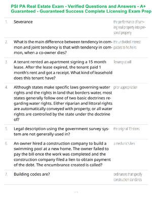 Preview of PSI PA Real Estate Exam - Verified Questions and Answers - A+ Guaranteed - Guaranteed Succ