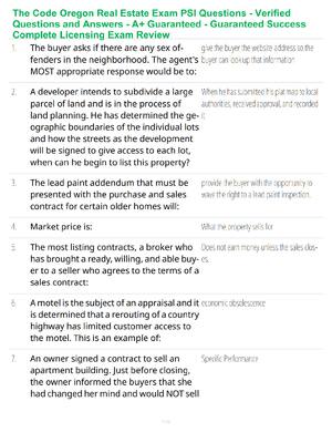 Preview of The Code Oregon Real Estate Exam PSI Questions - Verified Questions and Answers - A+ Guara