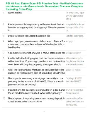 Preview of PSI NJ Real Estate Exam PSI Practice Test - Verified Questions and Answers - A+ Guaranteed