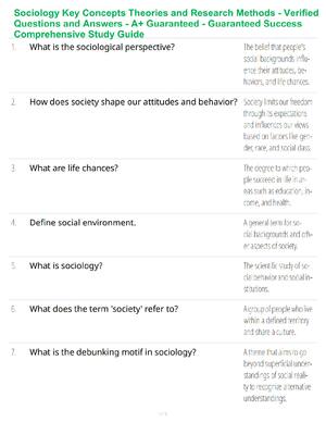 Preview of Sociology Key Concepts Theories and Research Methods - Verified Questions and Answers - A+ Guaranteed - Guaranteed Success Comprehensive Study Guide