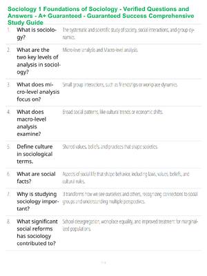 Preview of Sociology 1 Foundations of Sociology - Verified Questions and Answers - A+ Guaranteed - Gu