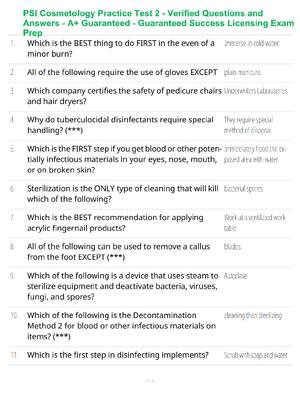 Preview of PSI Cosmetology Practice Test 2 - Verified Questions and Answers - A+ Guaranteed - Guarant