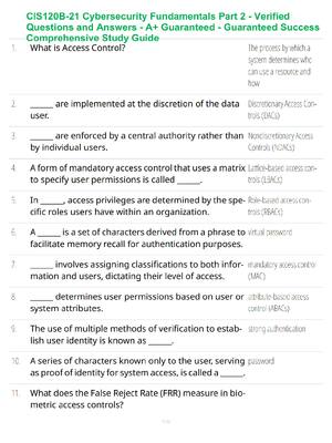 Preview of CIS120B-21 Cybersecurity Fundamentals Part 2 - Verified Questions and Answers - A+ Guarant