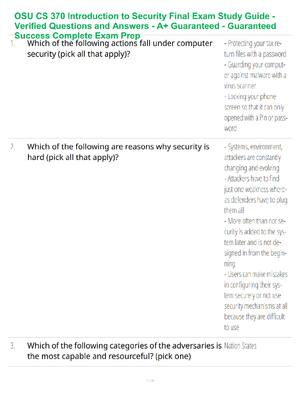 Preview of OSU CS 370 Introduction to Security Final Exam Study Guide - Verified Questions and Answer