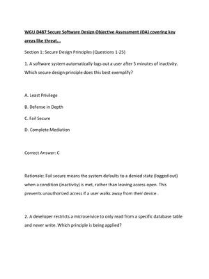 Preview of WGU D487 Secure Software Design Objective Assessment (OA) covering key areas like threat..