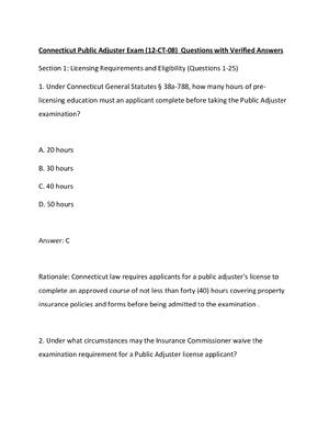 Preview image for Connecticut Public Adjuster Exam (12-CT-08)  Questions with Verified Answers
