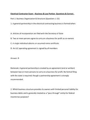Preview of Electrical Contractor Exam – Business & Law Portion  Questions & Correct .