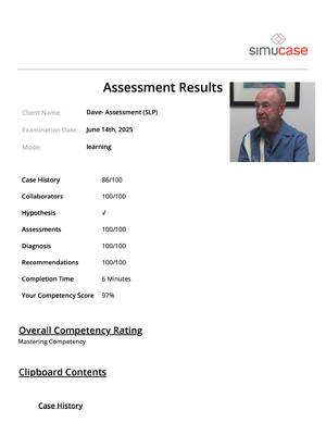 Preview of Simucase: Dave- Assessment (SLP) | Complete Assessment results transcript | latest 100% 20