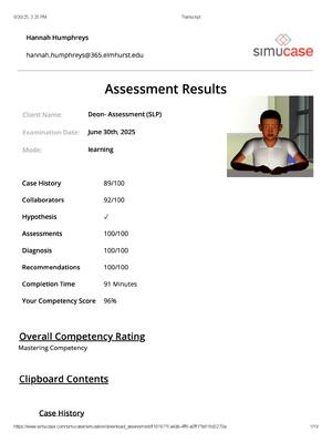 Preview image for Complete Virtual Simucase Patient: Deon- Assessment (SLP) | Complete Assessment Results transcript - Competency Score 96%.