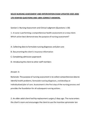 Preview of NCLEX NURSING ASSESSMENT AND INTERVENTION EXAM UPDATED 2025-2026  170 VERIFIED QUESTIONS A
