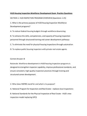 Preview of HUD Housing Inspection Workforce Development Exam  Practice Questions
