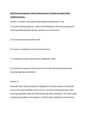 Preview of HUD Housing Inspection Safety Protocols Exam  Practice Questions With Verified Answers