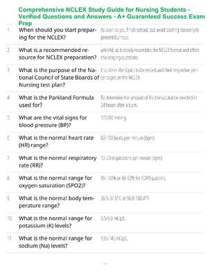 Preview of Comprehensive NCLEX Study Guide for Nursing Students - Verified Questions and Answers - A+ Guaranteed Success Exam Prep