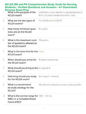 Preview of NCLEX RN and PN Comprehensive Study Guide for Nursing Students - Verified Questions and Answers - A+ Guaranteed Success Exam Prep