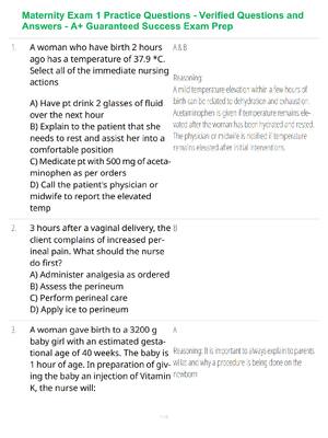 Preview of Maternity Exam 1 Practice Questions - Verified Questions and Answers - A+ Guaranteed Succe
