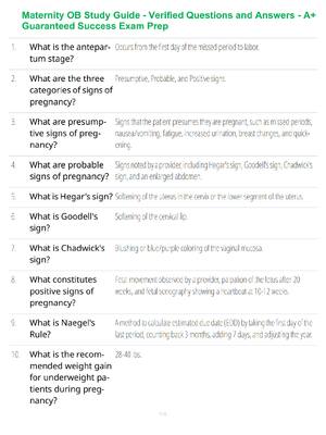 Preview of Maternity OB Study Guide - Verified Questions and Answers - A+ Guaranteed Success Exam Pre