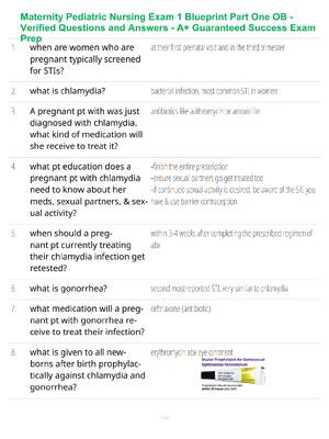 Preview of Maternity Pediatric Nursing Exam 1 Blueprint Part One OB - Verified Questions and Answers