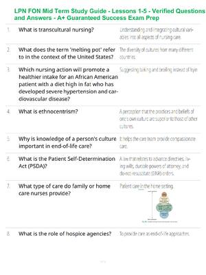 Preview of LPN FON Mid Term Study Guide - Lessons 1-5 - Verified Questions and Answers - A+ Guarantee
