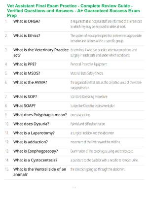 Preview of Vet Assistant Final Exam Practice - Verified Questions and Answers - A+ Guaranteed Success