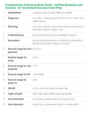 Preview of Fundamentals of Nursing Study Guide - Verified Questions and Answers - A+ Guaranteed Succe