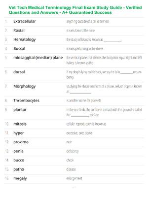 Preview of Vet Tech Medical Terminology Final Exam Study Guide - Verified Questions and Answers - A+ Guaranteed Success