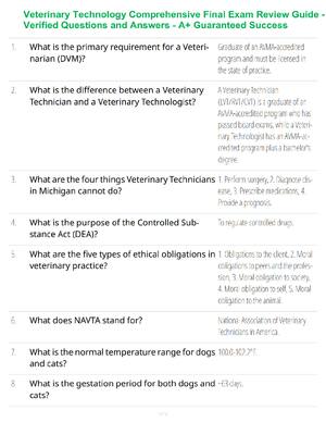 Preview of Veterinary Technology Comprehensive Final Exam Review Guide - Verified Questions and Answers - A+ Guaranteed Success