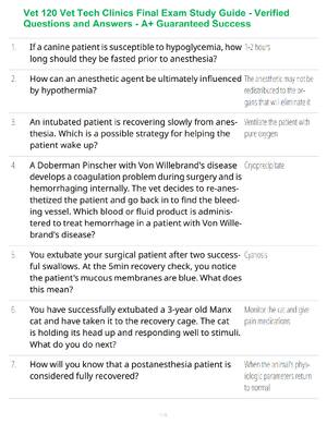 Preview of Vet 120 Vet Tech Clinics Final Exam Study Guide - Verified Questions and Answers - A+ Guar