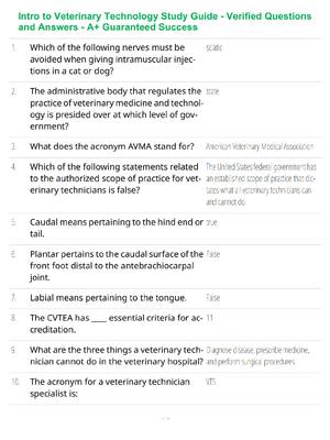 Preview of Intro to Veterinary Technology Study Guide - Verified Questions and Answers - A+ Guarantee