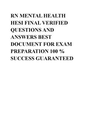Preview of RN MENTAL HEALTH HESI FINAL VERIFIED QUESTIONS AND ANSWERS BEST DOCUMENT FOR EXAM PREPARAT