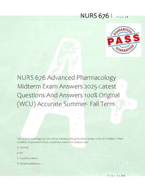 Preview of NURS 676 Advanced Pharmacology  Midterm Exam Answers 2025-Latest  Questions And Answers 10