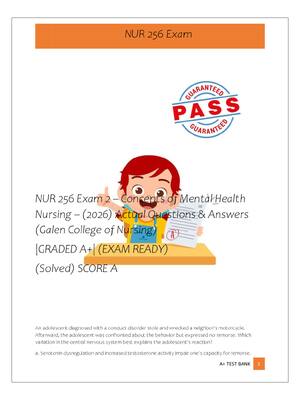 Preview image for NUR 256 Exam 2 – Concepts of Mental Health  Nursing – (2026) Actual Questions & Answers  (Galen College of Nursing)  |GRADED A+| (EXAM READY)  (Solved) SCORE A