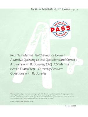 Preview of Real Hesi Mental Health Practice Exam 1  Adaptive Quizzing Latest Questions and Correct  A