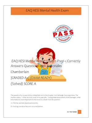 Preview of EAQ HESI Mental Health Exam 1 Prep – Correctly  Answers Questions with Rationales  Chamber