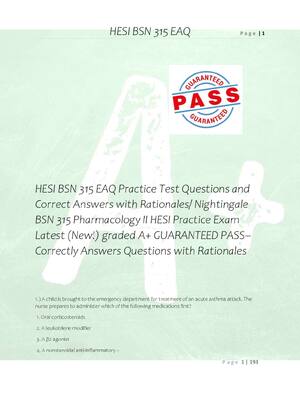 Preview of HESI BSN 315 EAQ Practice Test Questions and  Correct Answers with Rationales/ Nightingale