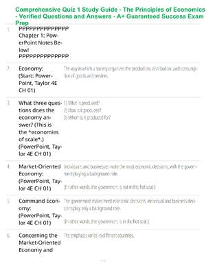 Preview of Comprehensive Quiz 1 Study Guide - The Principles of Economics - Verified Questions and An
