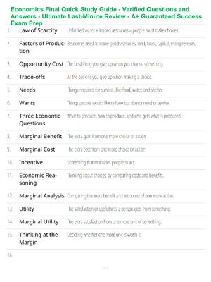 Preview of Economics Final Quick Study Guide - Verified Questions and Answers - Ultimate Last-Minute