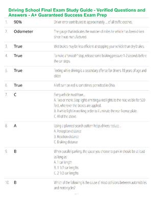 Preview of Driving School Final Exam Study Guide - Verified Questions and Answers - A+ Guaranteed Suc