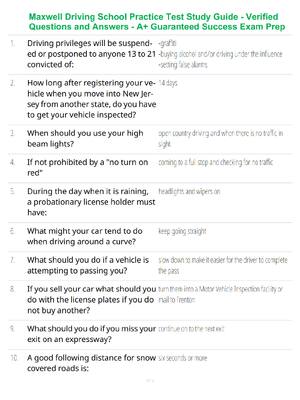 Preview of Maxwell Driving School Practice Test Study Guide - Verified Questions and Answers - A+ Gua