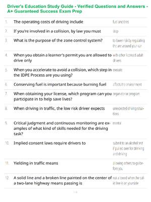 Preview of Driver's Education Study Guide - Verified Questions and Answers - A+ Guaranteed Success Ex