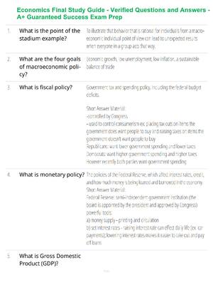 Preview of Economics Final Study Guide - Verified Questions and Answers - A+ Guaranteed Success Exam
