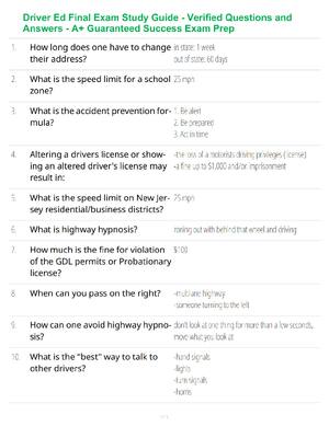 Preview of Driver Ed Final Exam Study Guide - Verified Questions and Answers - A+ Guaranteed Success