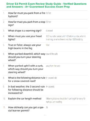Preview of Driver Ed Permit Exam Review Study Guide - Verified Questions and Answers - A+ Guaranteed Success Exam Prep